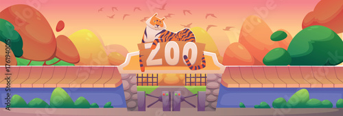 Zoo wall. Cartoon entrance gate for wild animals. Landscape with cage. Trees and grass. Pointer entry arch. Fence jungle park. African safari. Savannah enclosure. Vector childrens wildlife background