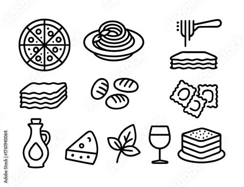 Italian cuisine icons: pizza, pasta, lasagna, cheese, olive oil, wine, herbs, ravioli