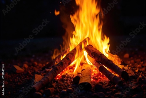 Roaring Bonfire at Night Intense Flames and Glowing Embers, Perfect for Autumn or Winter Themes