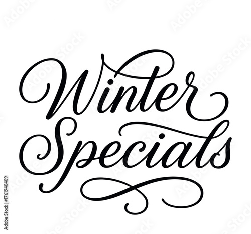 Elegant winter specials handwritten calligraphy on white background