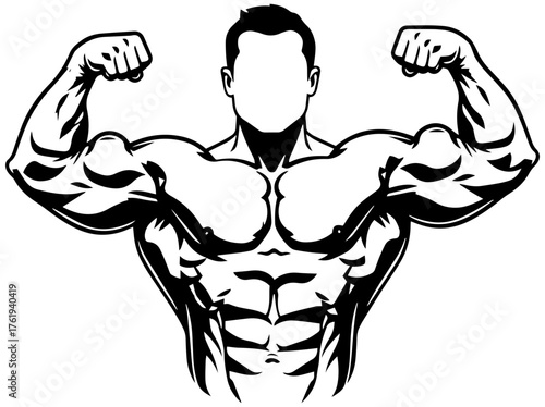 Powerful muscular bodybuilder flexing biceps, fitness strength training workout motivation
