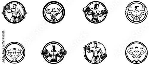 Powerful bodybuilder icons for fitness branding, gyms and athletic apparel designs set