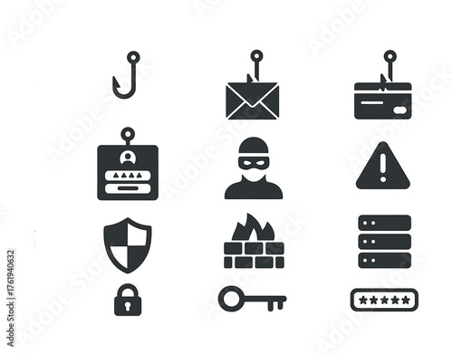 Cybersecurity icons: phishing, hacker, firewall, key, lock, shield, warning