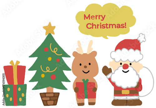 シンプルで可愛いサンタさんとトナカイとクリスマスツリーのイラスト