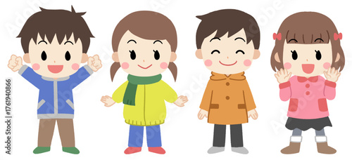 冬服を着た4人の可愛い子供たちのアイコンイラスト
