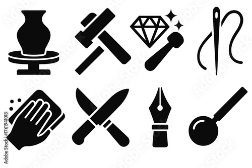 Craft refinement silhouette set: pottery wheel, hammer and chisel, diamond polishing, sewing needle, sanding block, knife sharpening, calligraphy pen, glass blowing pipe.
