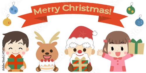 クリスマスパーティーを楽しむサンタとトナカイと子供たちのイラスト