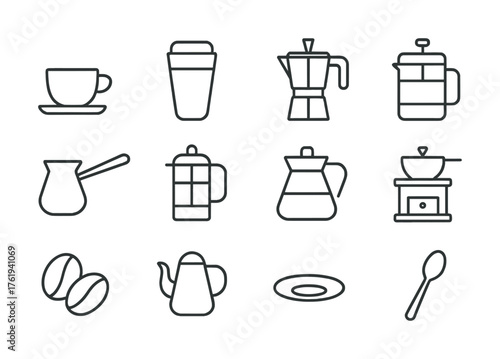 Coffee preparation icons set: mugs, grinders, pots, and beans line art collection