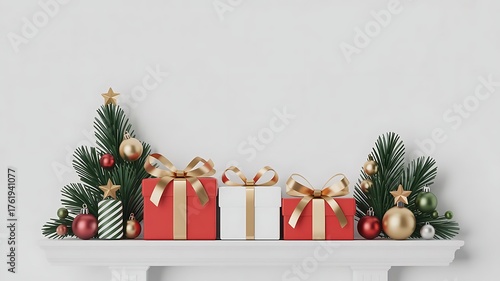 Christmas decoration with gifts on a white shelf, isolated on white background