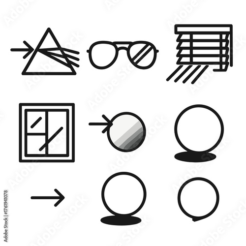 Light filtering outline icon set: prism, sunglasses, blinds, window, gradient circle, shadow.