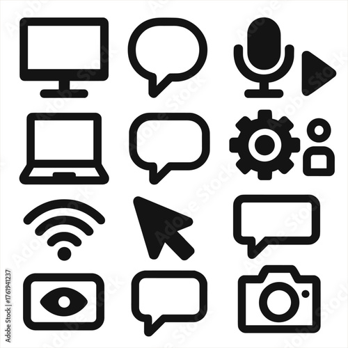 Streaming Chat Overlay silhouette set: monitor, chat bubble, microphone, play icon, laptop, speech bubble, gear, viewer count, Wi-Fi waves, cursor, comment box, camera.