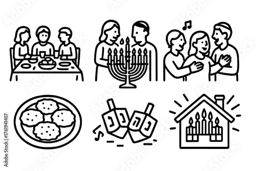 Hanukkah Gathering outline icon set: communal feast, menorah ceremony, friends embracing, singing circle, latkes on plate, dreidels on table, bright candles, glowing home. , , High