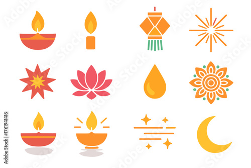 Diwali Lights flat icons: diya, candle flame, lantern, glowing spark, starburst, lotus flower, oil droplet, mandala, lamp base, reflection, shimmer lines, moon. , , High resolution