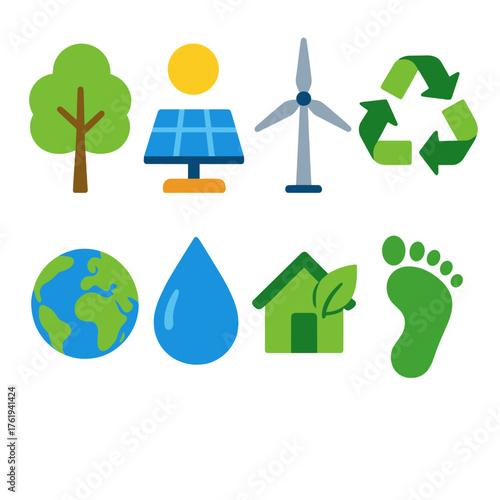 Eco Living flat icons: tree, solar energy panel, wind turbine, recycling loop, earth globe, water droplet, house with leaf, green footprint. , , High resolution, sharp vector-like