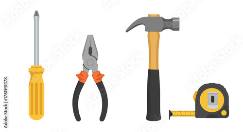 Tools Set for Construction and Home Renovation Screwdriver, Pliers, Hammer and Tape Measure