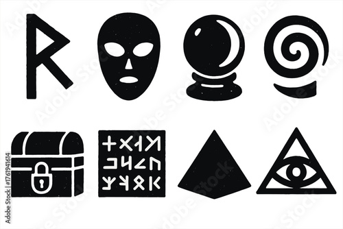 Hidden Symbols silhouette set: ancient rune, mysterious mask, crystal orb, spiral symbol, locked chest, coded script, pyramid, all-seeing eye.