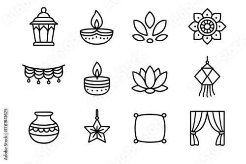 Diwali Home Decor outline icon set: lantern, diya flame, flower petals, rangoli design, toran garland, candleholder, lotus, hanging lamp, oil pot, star ornament, cushion, curtain