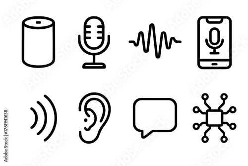 Voice Assistants outline icon set: smart speaker, mic, waveform, phone with voice app, sound lines, ear, chat bubble, circuit board. , , High resolution, sharp vector-like