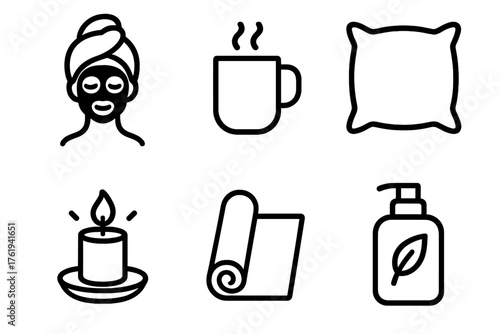 Self-Care Routines outline icon set: spa mask, warm drink, cozy pillow, candle glow, yoga mat, soothing lotion. , , High resolution, sharp vector-like appearance, ideal for UI and