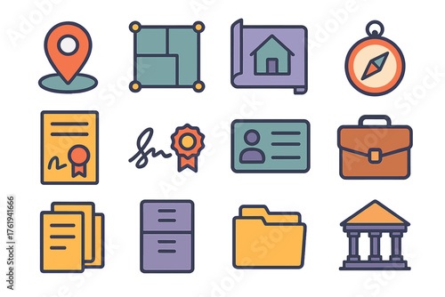 Land Ownership Icons flat icons: map pin, property line, plot plan, compass, legal paper, notary seal, signature, ID card, briefcase, document stack, file cabinet, courthouse.