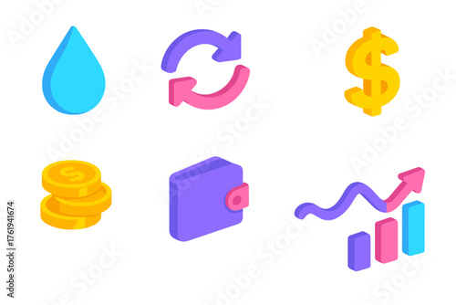 Liquidity flat isometric set: water droplet, arrows, dollar sign, coins, wallet, bank, flow line, chart.