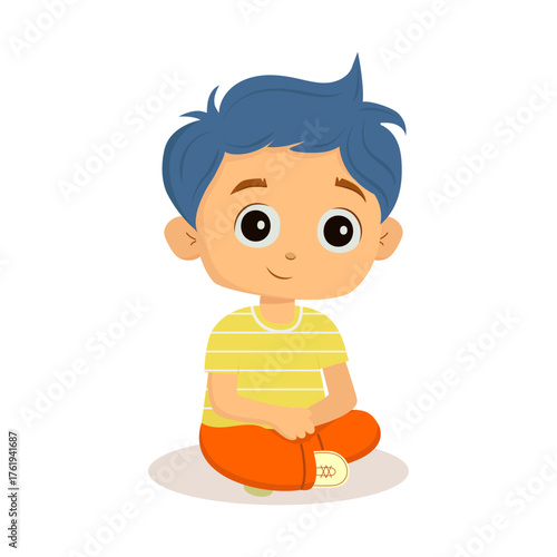 A boy with blue hair sitting cross-legged on the floor. Cute little child character in yellow striped shirt and red pants. Perfect vector illustration for children’s books, learning apps, stickers.