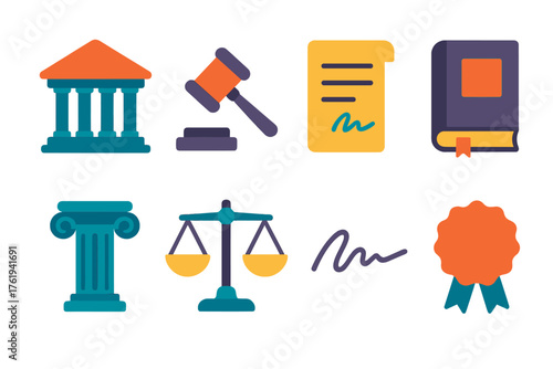 Precedent flat icons: courthouse, gavel, document, law book, pillar, scales, signature, legal seal.