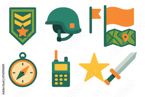 Military Command flat icons: badge, helmet, flag, map, compass, radio, star, sword.