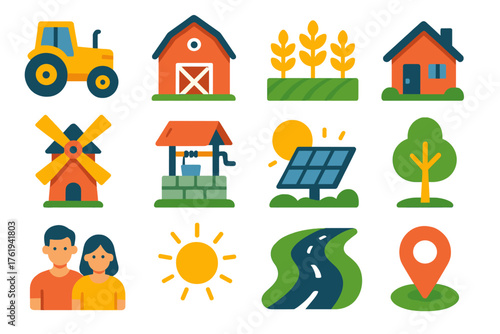 Rural Development flat icons: tractor, barn, crop field, house, windmill, water well, solar panel, tree, community people, sun rays, road, map marker.