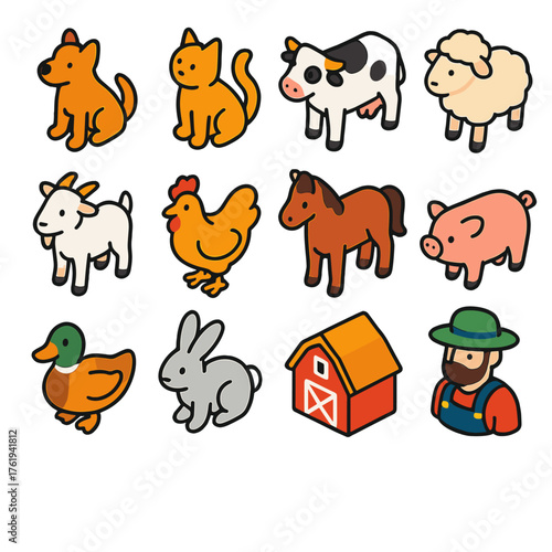 Animal Domestication Set flat isometric set: dog, cat, cow, sheep, goat, chicken, horse, pig, duck, rabbit, barn, farmer.