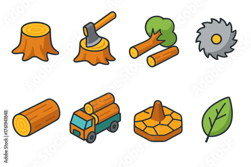 Deforestation flat isometric set: tree stump, axe, fallen tree, saw blade, log, truck, barren ground, leaf.