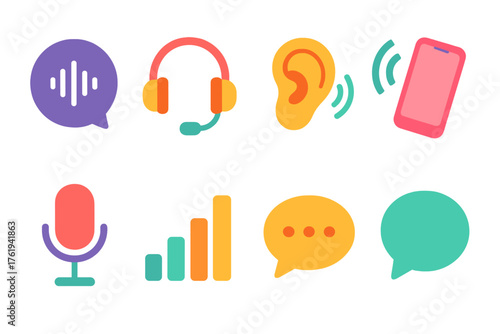 Hands-Free flat icons: voice symbol, headset, ear, sound waves, phone, microphone, signal bars, speech bubble.