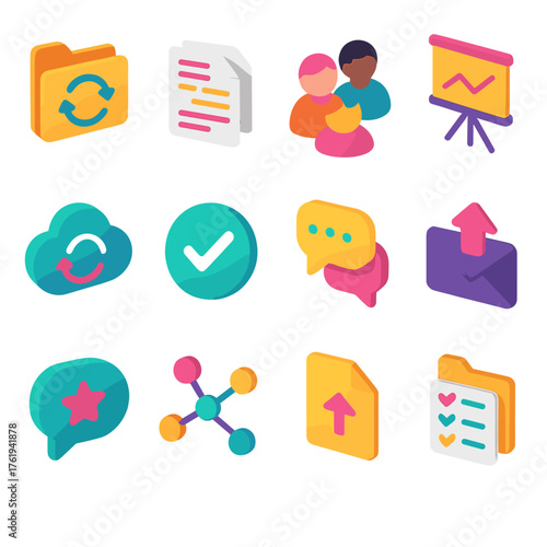 Collaboration & Distribution flat isometric set: shared folder, document exchange, teamwork avatars, presentation board, cloud sync, approval checkmark, comment thread, send