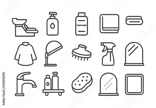 Minimalist hair salon tools and products line icons set