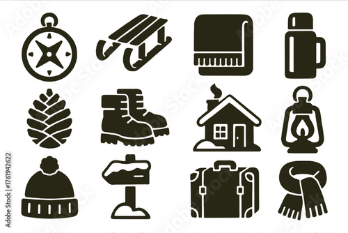Holiday Travel Rustic Explorer silhouette set: compass, wooden sled, wool blanket, thermos flask, pinecone, snow boots, cozy cabin, lantern, wool hat, snow-covered signpost, old