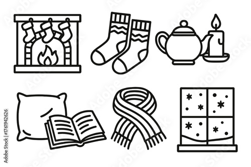 Winter Traditions Cozy Evenings outline icon set: fireplace with stockings, knitted socks, teapot, glowing candle, soft pillow, open book, wool scarf, snowy window.