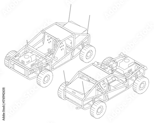 Two detailed dune buggies in contour style, featuring unique shapes, headlights, grilles, and wheels on a white background. Isometric view