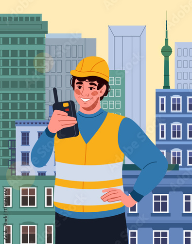 Supply export. Cargo delivery. Man in uniform speaking thought walkie-talkie. Warehouse worker in city. Logistic support service. Urban skyscraper buildings. Container loaders control. Vector concept