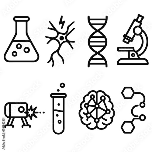 Scientific Transmitter outline icon set: lab flask, neuron spark, DNA strand, microscope, laser beam, test tube, brain network, chemical signal.