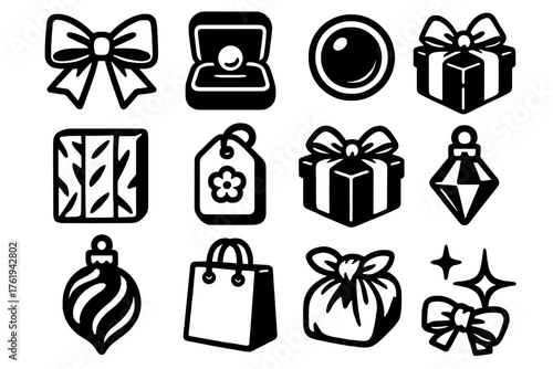 Wrapped Surprises – Elegant Packages silhouette set: satin ribbon, velvet box, pearl detail, foil paper, embossed tag, gold bow, glass ornament, luxury bag, crystal charm, soft