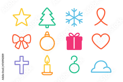 Christmas Symbols Minimal Line Icons flat icons: outline star, outline tree, simple snowflake, ribbon loop, bow, bauble, gift silhouette, heart, cross, candle flame, ornament hook,