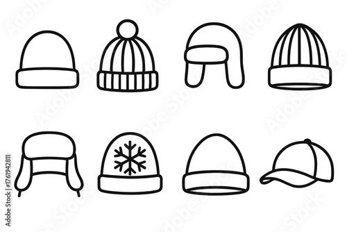 Winter Hats outline icon set: beanie, pom-pom hat, earflap hat, knitted cap, fur hat, snowflake pattern hat, ski hat, wool cap.