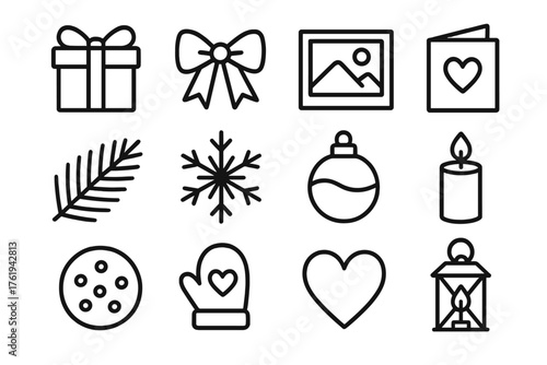 Wrapped Memories outline icon set: gift box, ribbon bow, photo frame, handwritten card, pine branch, snowflake, ornament, candle, cookie, mitten, heart, lantern.