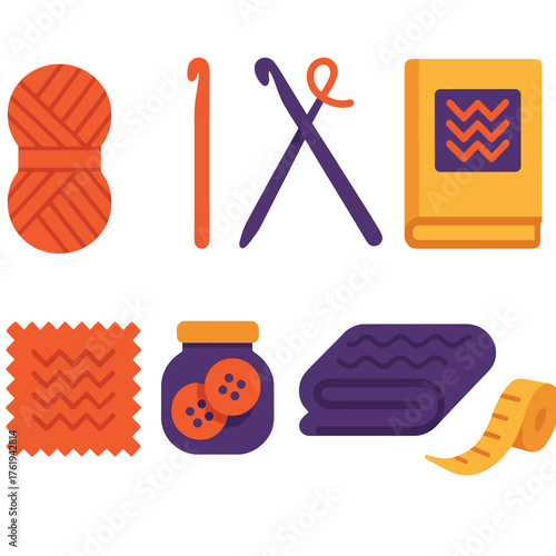 Knitwear Trends — Handmade pieces flat icons: yarn skein, crochet hook, knitting needles, pattern book, fabric swatch, button jar, folded knit, measuring tape.
