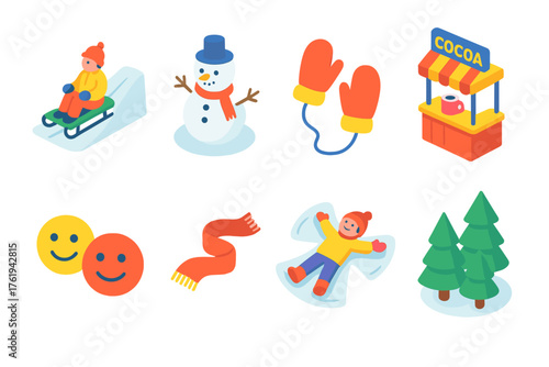 Snow Park Life Family Fun flat isometric set: sledding hill, snowman, mittens, cocoa stand, smiling faces, scarf fluttering, snow angel, pine trees.
