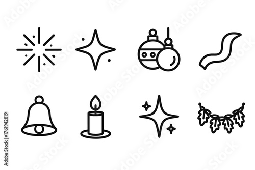 Festive Sparkle outline icon set: spark burst, star glow, ornament cluster, ribbon wave, bell, candle flame, snow sparkle, garland.