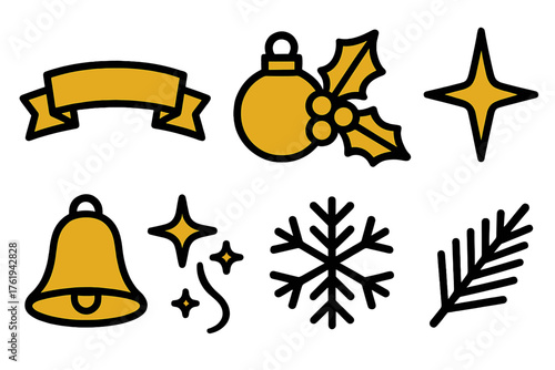 Festive Embellishments silhouette set: gold ribbon, bauble, holly sprig, star glow, bell, sparkle trail, snowflake, pine twig.