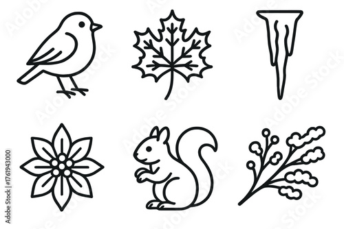 Christmas Nature outline icon set: robin bird, frosty leaf, icicle, winter flower, squirrel, snowy branch.