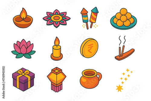 Diwali Celebration flat isometric set: diya lamp, rangoli, fireworks, sweets plate, lotus flower, candle, gold coin, incense stick, gift box, lantern, oil pot, sparkle trail.