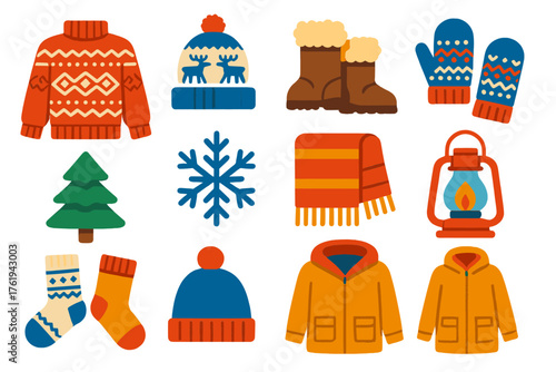Cold Weather Style Nordic Classic flat icons: wool sweater, reindeer pattern hat, fur-lined boots, thick mittens, scarf with fringe, pine tree, snowflake, cozy blanket, lantern,